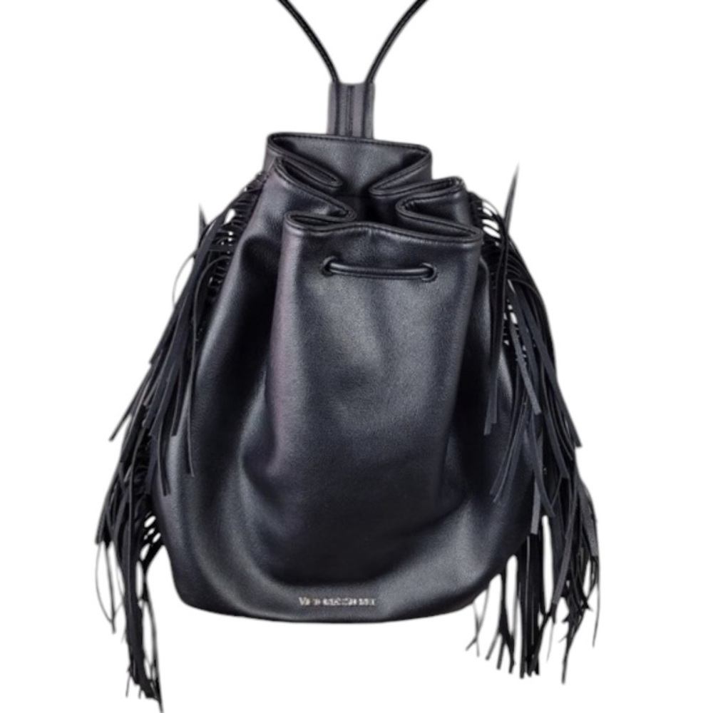 Victoria Secret black faux leather fringe backpack like new super clean